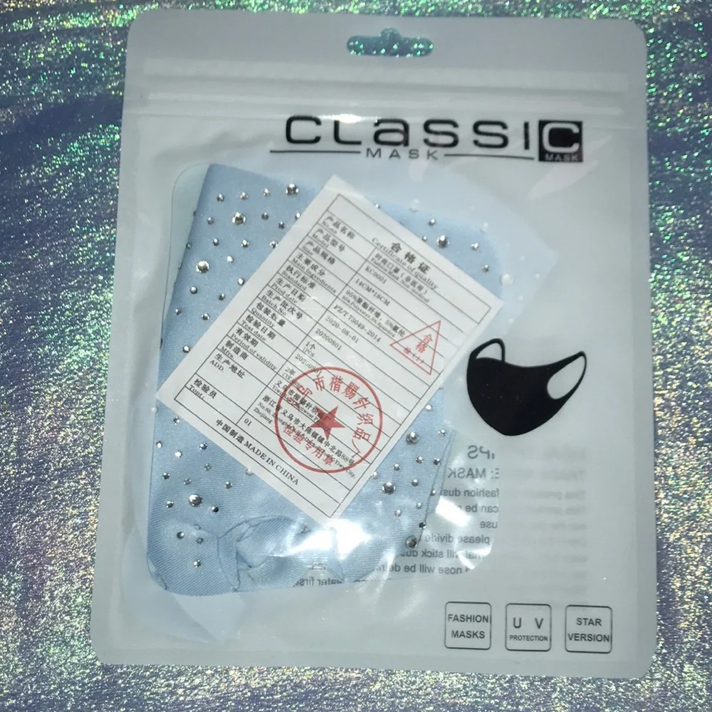 🔥 3/$15 Light Blue Face Mask with Clear Rhinestones
